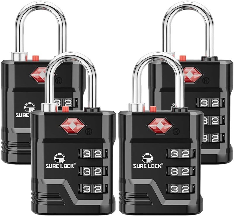 SURE LOCK أقفال TSA للأمتعة، أقفال أمتعة معتمدة من TSA مع تنبيه فتح، مفتاح 008 لأمان عالي، أقراص سهلة القراءة، جسم من سبائك الزنك، قفل خزانة للحقائب، صالة رياضية، سفر. (أسود 4 حزمة) - Image 1